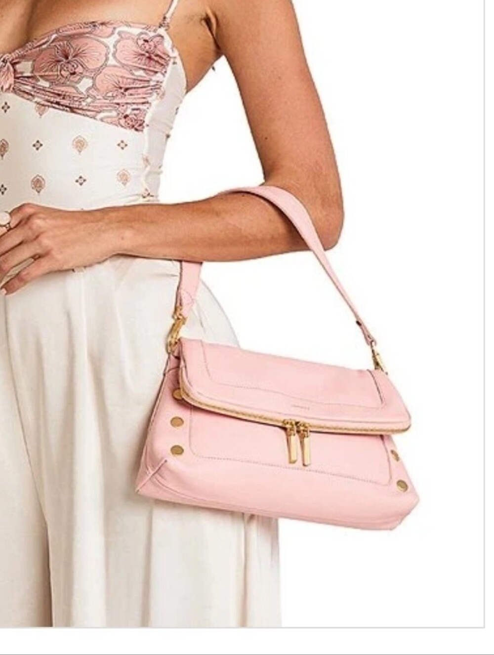 Hammitt Flamingo Leather Shoulder Bag with Gold Studs